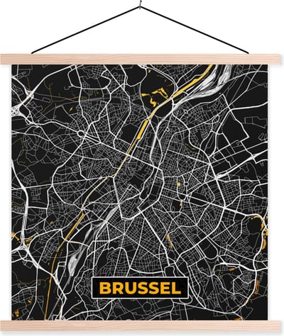 Posterhanger incl. Poster 40x40 cm - Schoolplaat - Brussel - Kaart - Plattegrond - Stadskaart - Goud - Textielposter - Blanke latten - Stadskaart