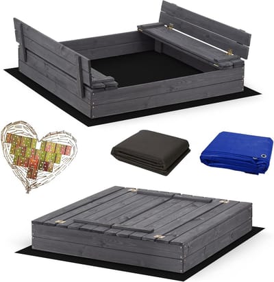 Houten Zandbak 120x120 cm met Deksel, Zitjes en Beschermhoes