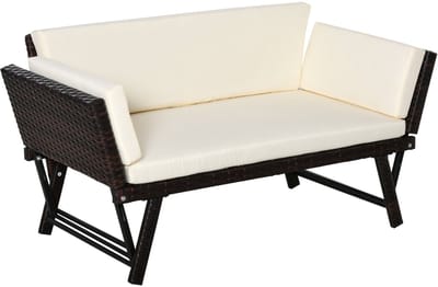 Merax 2-Zits Loungesofa Tuin – Polyrattan Tuinbank Uitklapbaar tot Ligbed – Tuinmeubel voor Balkon en Terras met Kussens – Bruin