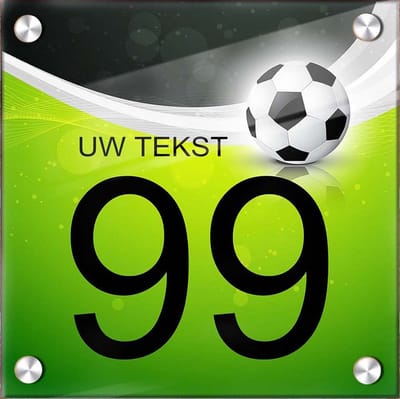 Huisnummer naambord plexiglas 20x20x0,5cm Voetbal design - met naam bedrukken Huisnummerbordjes, Naambordje voordeur, naamplaatje voordeur, huisnummer bord, huisnummer borden
