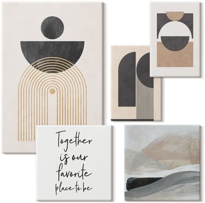 Wallfluent Set van canvas schilderijen - Abstracte geometrische vormen geïnspireerd door de natuur Canvas Schilderijen Set - Set van 5 Canvas Schilderijen - Beige Set van Canvas Prints - Abstractie Canvas Kunst Set - Boheemse Canvas Kunst Set