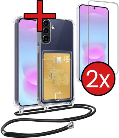 Hoesje Geschikt voor Samsung A37 Hoesje Met Telefoonkoord en Pasjeshouder Met 2x Screenprotector Siliconen - Hoes Geschikt voor Samsung Galaxy A37 Hoesje Met Kaarthouder Shock Proof Case - Transparant