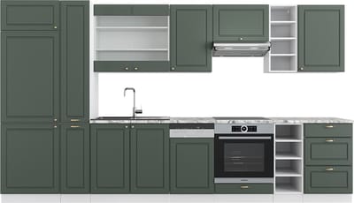 Vicco Fame-Line Complete keukeneenheid – 355 cm, WB Marmer Groen-Goud Landhuis/Wit