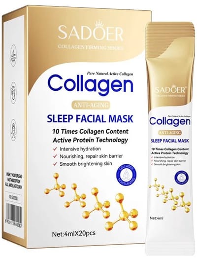 SADOER Collagen Sleep Mask 20x4 ml | Collageen Nachtmasker | Hydraterend Gezichtsmasker | Sleeping Mask | Met Hyaluronzuur & Niacinamide | Gezichtsverzorging | Voor Zachte & Stralende Huid | Skincare Masker