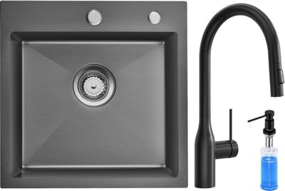 Auralum max Spoelbak voor keuken 45x45cm Antraciet - Spoelbakken Keuken Met Uittrekbare Uitloop Keukenkraan en Zeepdispenser 300ML - Wasbak met waterafvoersysteem - RVS