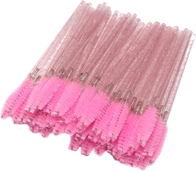 Famanu – wimperborstels voor mascara en wenkbrauwen, kristal handvat, 50 stuks, roze
