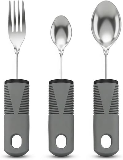 Handig bestek voor volwassenen met een beperking, roestvrijstalen vork en lepel met ergonomisch handvat, 3-delige set voor senioren