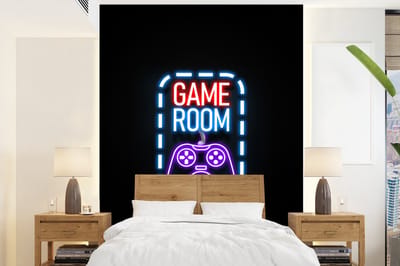 Behang - Fotobehang Neon - Quotes - Game room - Controller - Zwart - Breedte 165 cm x hoogte 220 cm
