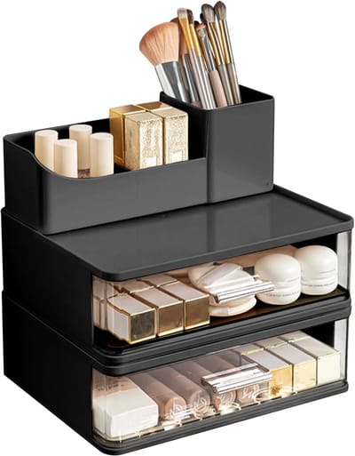 Make-up Organizer met 2 Laden, Stapelbare Cosmetica Organizer voor Borstels, Oogschaduw en Huidverzorging