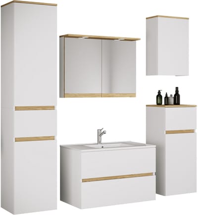 VCM 6-tlg. Waschtisch Set mit Keramikbecken, Badschrank mit 2 Softclose-Schubladen, Hochschrank, Midischrank, Hängeschrank, Spiegelschrank mit Beleuchtung und Steckdose, Maße Unterschrank H. 51 x B. 61 x T. 47 cm, Cosila-I