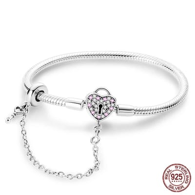Fler® | Bedelarmband dames zilver | 925 Zilver armband | geschikt voor alle populaire bedelcollecties (standaard - 3mm) | met hartje en sleuteltje | Kerstcadeau | Sinterklaas kado | Valentijnsdag cadeau | Zirkonia | Elegante dames armband | Maat: 17