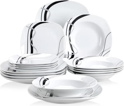 Serviesset - 6 Persoons Servies - Porselein - Diner-, Soep- en Dessertborden - 18-delige Set - Wit - Zwart - Zilver