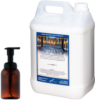 Zeepdispenser 300 ml amber bruin met pomp + Hairconditioner Hammam Herbal 5 liter
