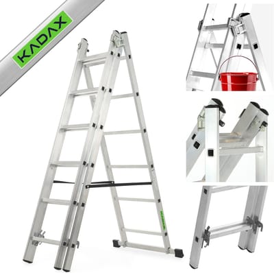 KADAX Multifunctionele ladder, multifunctionele ladder van aluminium, ladder tot 150 kg, multifunctionele ladder, combiladder, staande ladder met haken, schuifladders (6 treden)