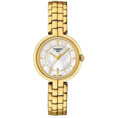 Tissot Flamingo Dames Zwitsers Kwarts Horloge - 26 mm Wit Parelmoer Wijzerplaat, Verguld Staal, Model T094.210.33.111.00 goud