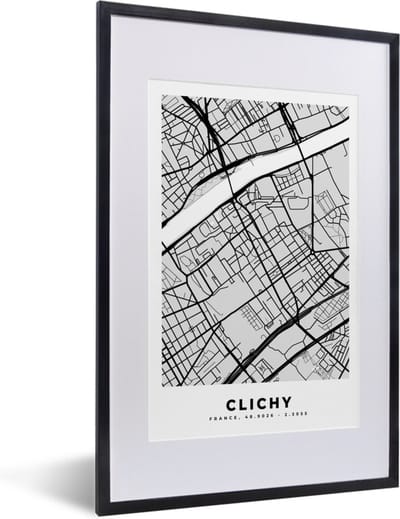 Fotolijst incl. Poster - Stadskaart - Frankrijk - Kaart - Clichy - Plattegrond - 40x60 cm - Posterlijst