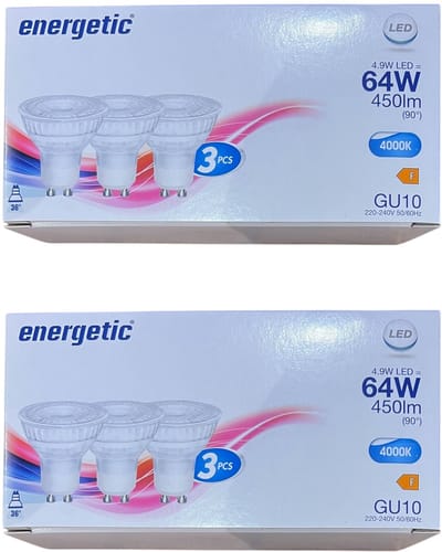 6 stuks (2 x 3) Spot Energetic GU10 4,9 W (64 W) Helder Wit (4000K)