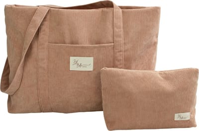 Bella Sofia® Dames Schoudertas - Beige Ribstof Mom Bag met Toilettas - Veelzijdige Shopper en Luiertas met Rits