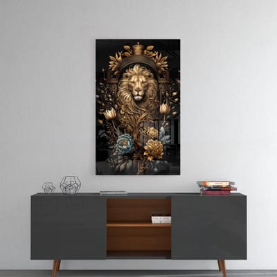 Glasschilderij – Leeuw met Gouden Accenten – Koninklijke Luxe Wanddecoratie – 90x60 cm
