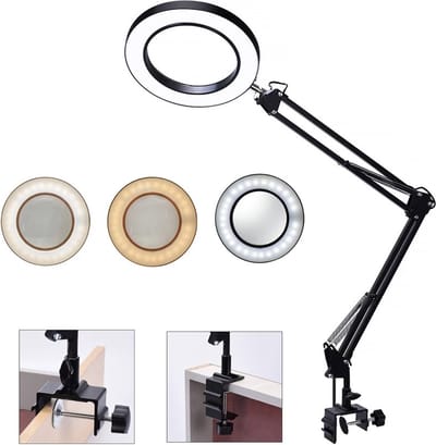 Bealive® Vergroot glas - Inclusief LED verlichting - 3 settings - Diameter: 16 cm - 5x vergroot - Draaibaar - 5V - Zwart - Klem bevestiging - Handig voor klussen, lezen of creatieve bezigheden