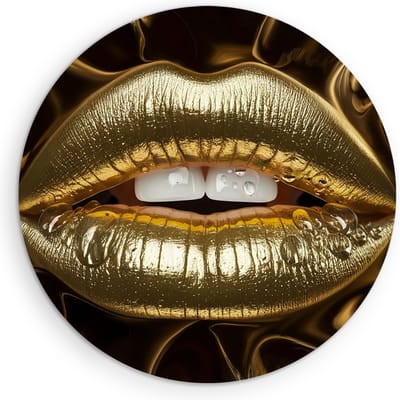 Saammp Muurcirkel Hout - Vrouw - Goude lippen - abstract - Ø 90 - Wandcirkel - Wanddecoratie Cirkel - Muurdecoratie Woonkamer - Slaapkamer decoratie - Rond Schilderij