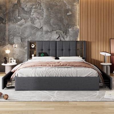 KOMHTOM Tweepersoonsbed 160x200cm Volwassenen Bed met 4 lades fluwelen Gris