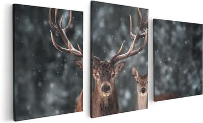 Artaza Canvas Schilderij Drieluik Twee Herten Met Sneeuw - 120x60 - Foto Op Canvas - Canvas Print