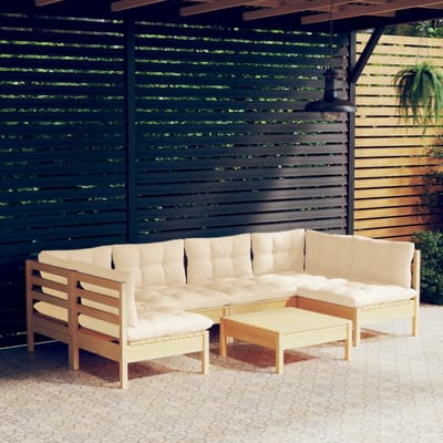 vidaXL - 7-delige - Loungeset - met - crèmekleurige - kussens - massief - grenenhout