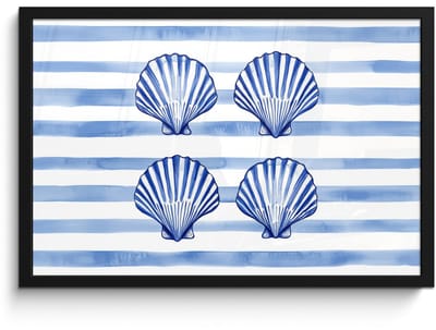 Poster in lijst - Fotolijst 60x40 cm - Posters - Vier schelpen - Blauw - Wit - Strepen - Posterlijst zwart - Decoratie - Wanddecoratie woonkamer - Muurdecoratie slaapkamer