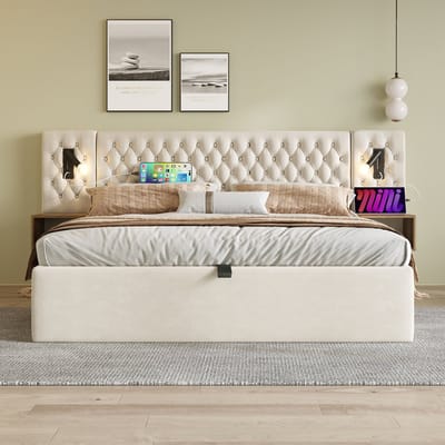 Tweepersoonsbed met opbergruimte 160x200 cm - inclusief 2 nachtkastjes - met leeslamp en USB-oplaadfunctie - beige - zonder matras