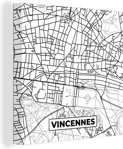 Canvas Schilderij Frankrijk – Vincennes - Plattegrond – Stadskaart – Kaart - Zwart wit - 20x20 cm - Wanddecoratie