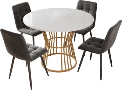 5-Delige Eettafelset, Ronde Eettafelset, Zitgroep, Keukenmeubilair – De tafel meet 100x100x75 cm, Inclusief 4 Stoelen, Tafelblad Met Marmerlook, Gouden Metalen Tafelpoten