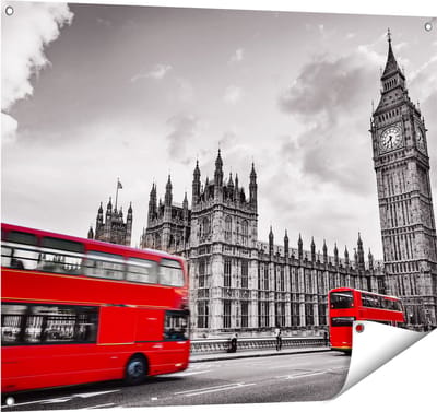 Gards Tuinposter Rode Bussen in Londen - Retro - 100x80 cm - Tuindoek - Tuindecoratie - Wanddecoratie buiten - Tuinschilderij
