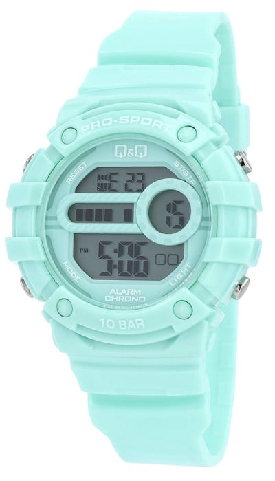 Q&Q- dameshorloge - Digitaal- kunststof kast-siliconen band-datum-stopwatch-2 tijden-100 meter waterdicht-diameter 40 mm-mintgroen