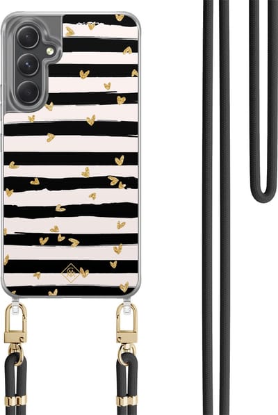 Casimoda® hoesje met koord - Geschikt voor Samsung A34 - Hart Streepjes - Afneembaar koord - TPU/polycarbonaat - Zwart