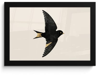 Poster in lijst - Fotolijst 30x20 cm - Posters - Zwarte zwaluw - Gouden accenten - Lichte achtergrond - Posterlijst zwart - Decoratie - Wanddecoratie woonkamer - Muurdecoratie slaapkamer