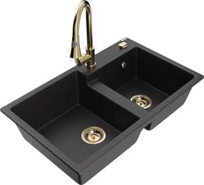 Mexen Tomas granieten dubbele spoelbak met keukenkraan Elia, zwart/goud metallic - 6516-75-670101-50