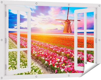 Gards Tuinposter Doorkijk Kleurrijke Bloemenveld met een Windmolen - 120x80 cm - Tuindoek - Tuindecoratie - Wanddecoratie buiten - Tuinschilderij
