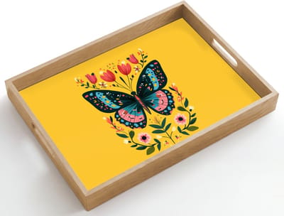 Dienblad hout 50x35 cm - Schootdienblad - Bloemen - Kleurrijk - Vlinder - Sierlijk - Borrelplank rechthoek - Plateau dienbladen