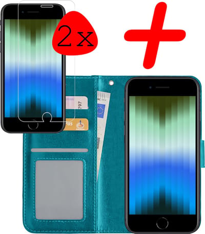 Hoesje Met 2x Screenprotector - Geschikt voor Apple iPhone SE (2022) - Luxe Pasjeshouder - Bookcase Portemonee - Flip Case - Kunstleer Book Case - Flipcase Hoes - Book Cover - Walletcase - Portemonneehoes - Turquoise