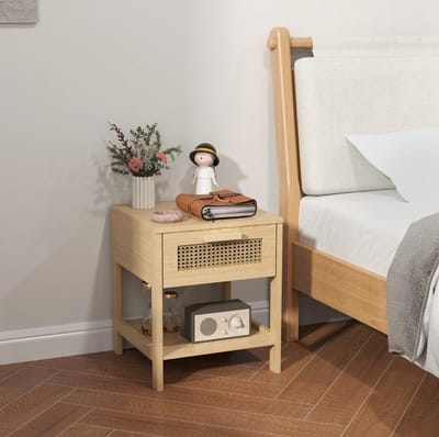 STILVORA Nachtkastje – Rieten Lade En Open Vak – Compact Voor Slaapkamer En Woonkamer – Hout – Naturel – 40 X 40 X 48,4 Cm