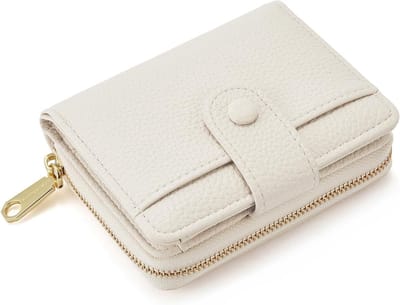 Dames kleine leren handtas, zachte mini portemonnee met grote muntcompartiment en rits, beige, 11 x 3 x 9 cm, ideaal voor dagelijks gebruik en uitgaan