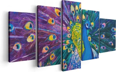 Artaza Canvas Schilderij Vijfluik Pauw Met Kleurrijke Veren Van Olieverf - Abstract - 100x50 - Foto Op Canvas - Canvas Print