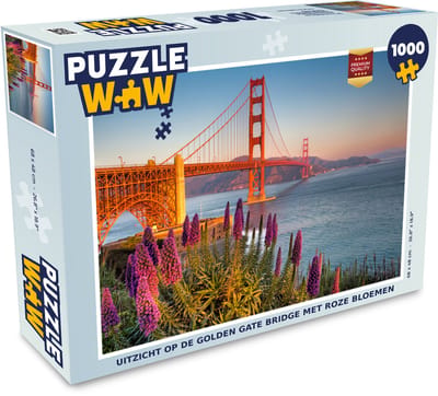 Puzzel Uitzicht op de Golden Gate Bridge met roze bloemen - Legpuzzel - Puzzel 1000 stukjes volwassenen