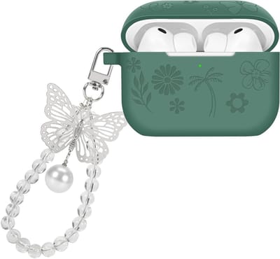 Beschermhoes voor AirPods Pro 3e Generatie met Sleutelhanger - TPU, Schokbestendig, Antislip, Bloemenpatroon, Groene Kleur