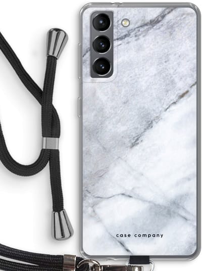 Hoesje met koord geschikt voor Samsung Galaxy S21 hoesje met Koord - Witte marmer - Telefoonhoesje met Zwart Koord - Bescherming aan alle Kanten en Over de Schermrand