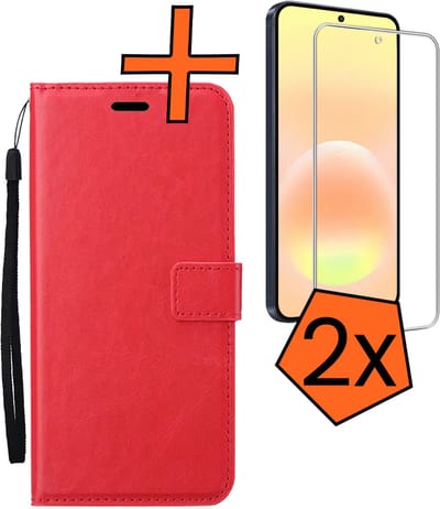 Hoes - Met 2x Screenprotector - Geschikt voor Samsung Galaxy A57 - Luxe Pasjeshouder - Bookcase Portemonee - Flip Case - Kunstleer Book Case - Flipcase Hoes - Book Cover - Walletcase - PortemonneeHoes - Rood