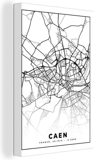 Canvas Schilderij Kaart - Caen - Stadskaart - Frankrijk - Plattegrond - Zwart wit - 20x30 cm - Wanddecoratie