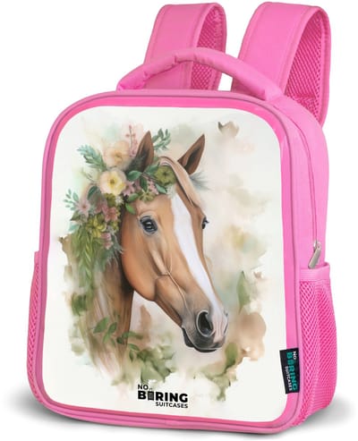 NoBoringSuitcases.com® - Rugzak roze - Schooltas meisjes - Paard - Aquarel - Bloemen - Beige - Kinder rugtas meisje - Boekentas kind - Kinderrugzak voor school - Schoolrugzak
