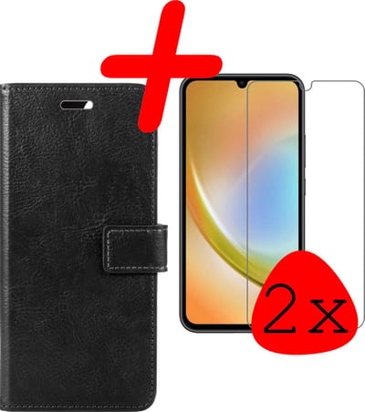Hoesje Met 2x Screenprotector - Geschikt voor Samsung Galaxy A34 - Luxe Pasjeshouder - Bookcase Portemonee - Flip Case - Kunstleer Book Case - Flipcase Hoes - Book Cover - Walletcase - Portemonneehoes - Zwart